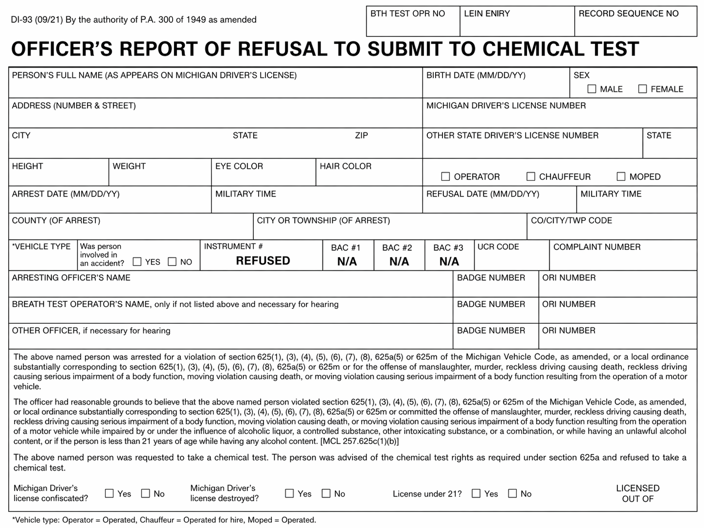 Form DI-93: Officer’s Report of Refusal to Submit to Chemical Test